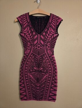 RVN Black Pink Abstract Geometric Jaquard Stretch Bodycon Cocktail Dress Size XS